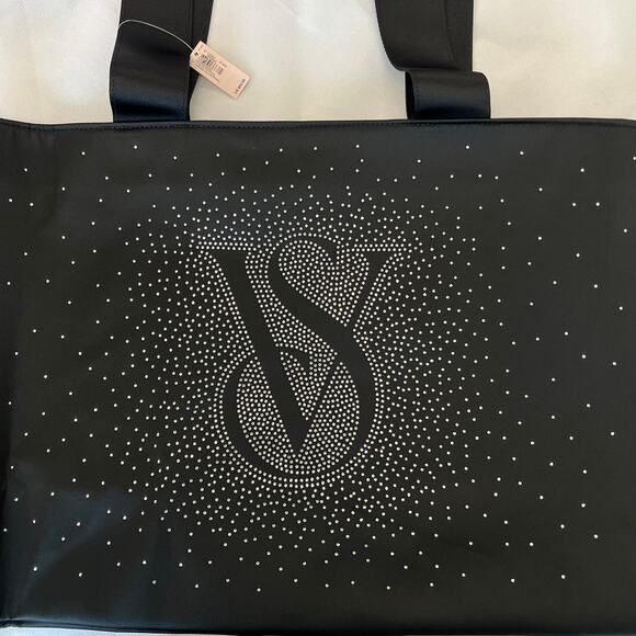 Victoria’s Secret Tote Bag Black Shine Bling Rhinestone Logo Carryall Weekender - Picture 3 of 5